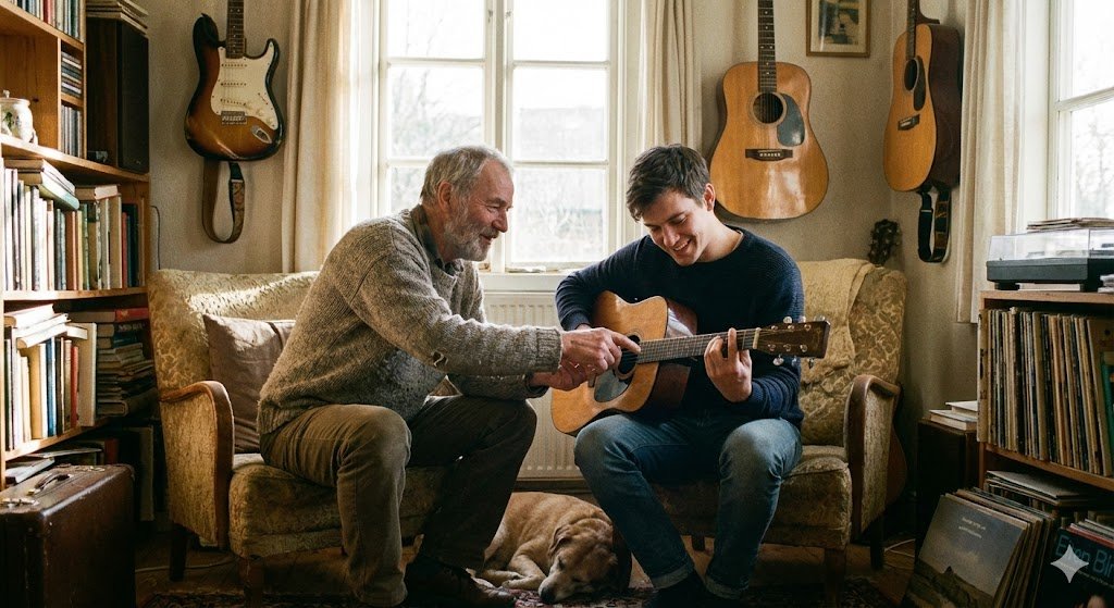 Old man Giving a younger man a guitar lesson